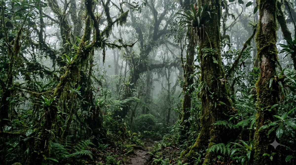 Mist moving through mossy trees in the Monteverde cloud forest, Costa Rica