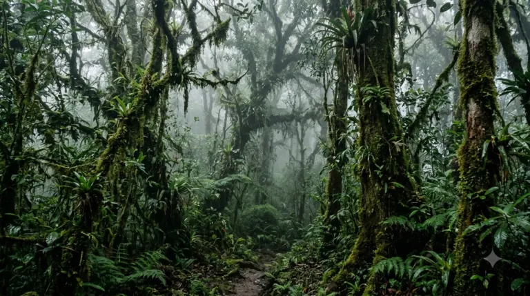 Mist moving through mossy trees in the Monteverde cloud forest, Costa Rica