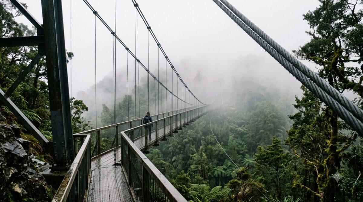 A hanging bridge disappearing into fog above the canopy at Monteverde, Costa Rica