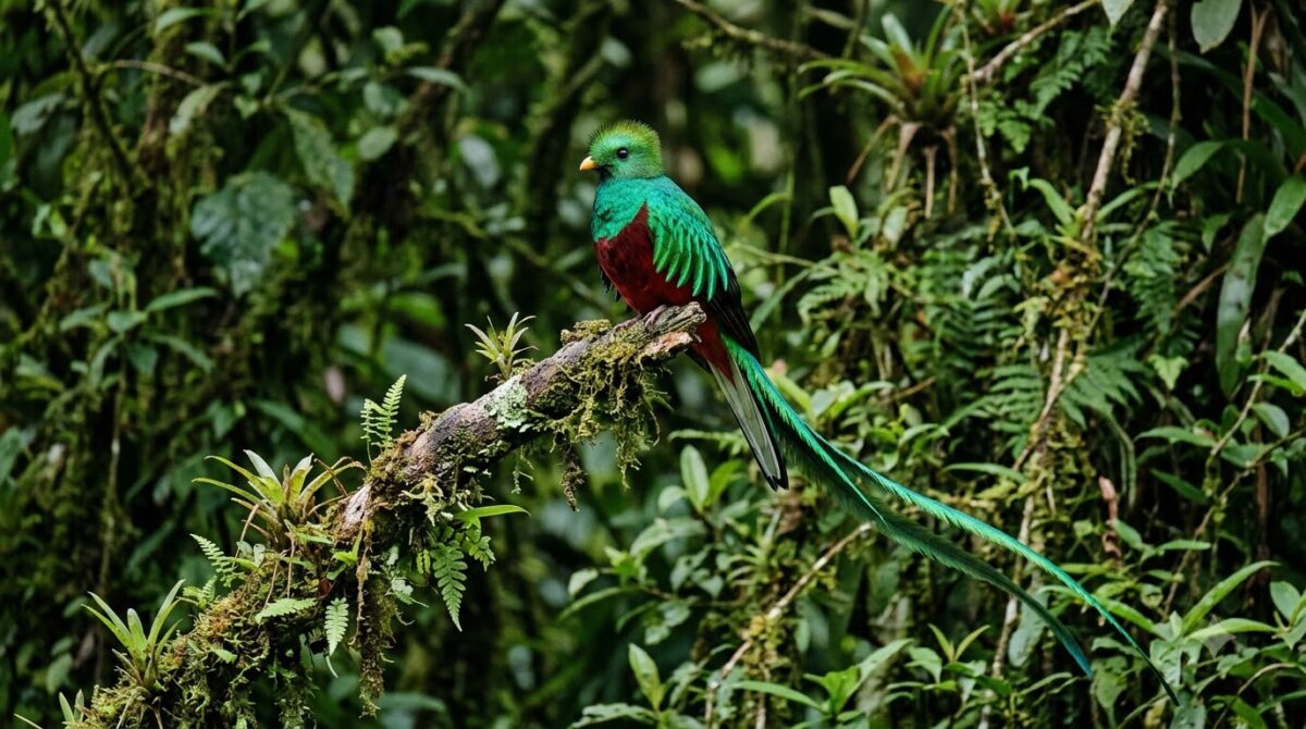 A resplendent quetzal on a mossy branch in the Monteverde cloud forest