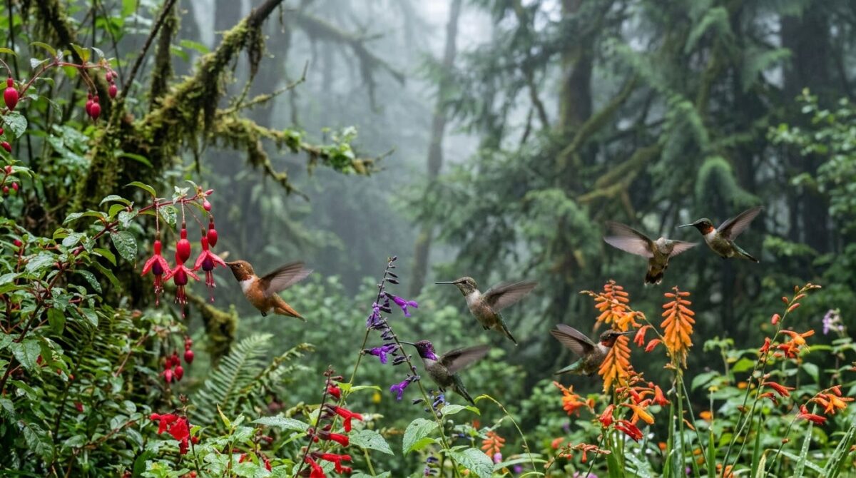 Hummingbirds at the edge of the cloud forest in Monteverde, Costa Rica