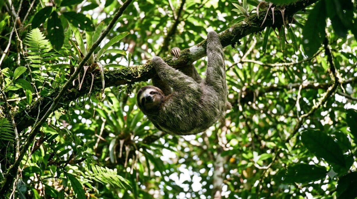 A three-toed sloth in the canopy at Manuel Antonio National Park, Costa Rica
