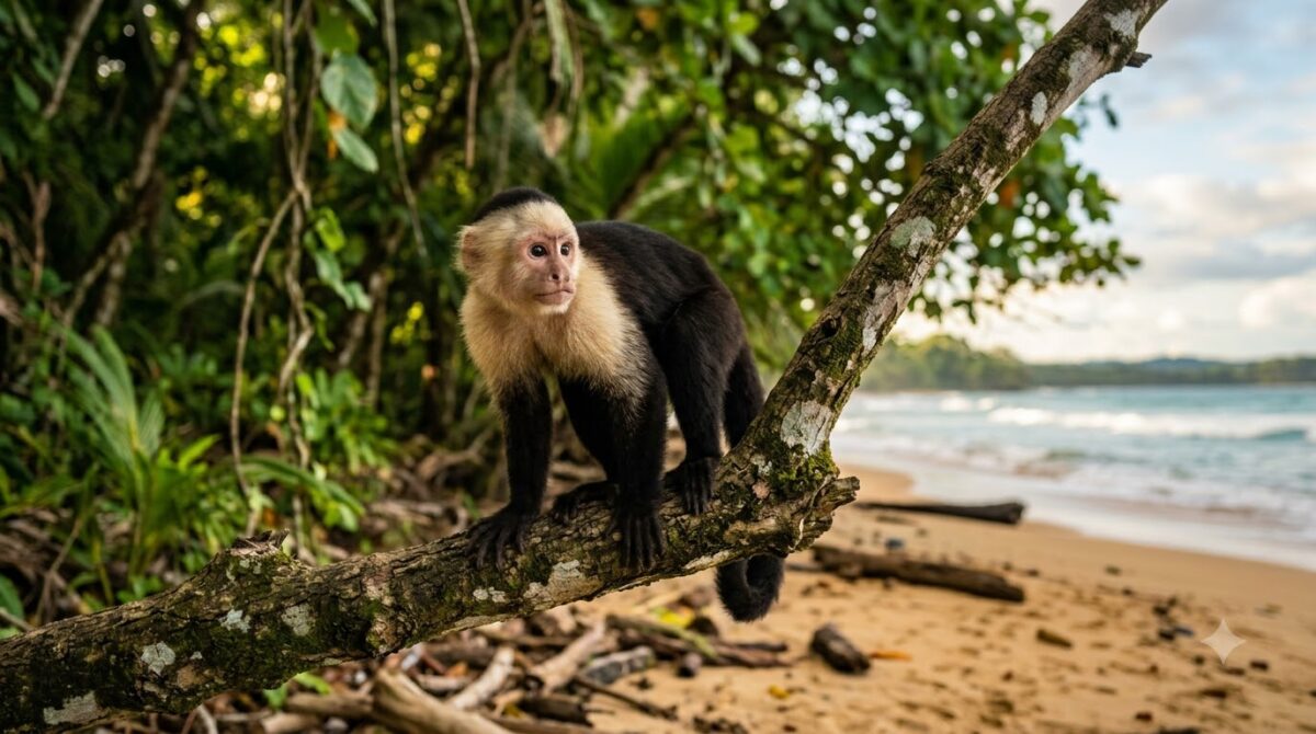 A white-faced capuchin monkey beside the beach at Manuel Antonio, Costa Rica