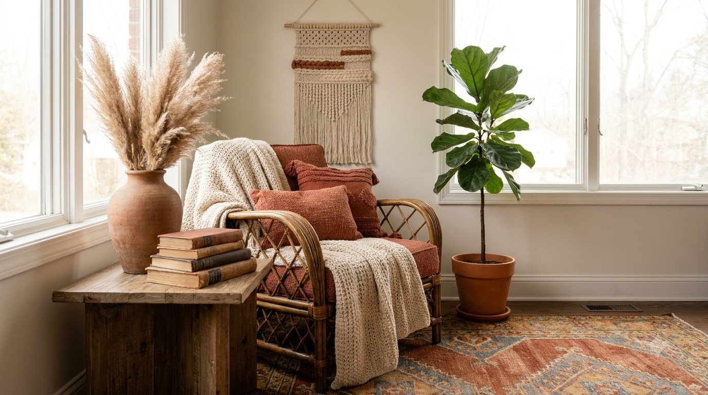 Neutral fall table with white heirloom pumpkins, jute runner, and taupe pillar candles