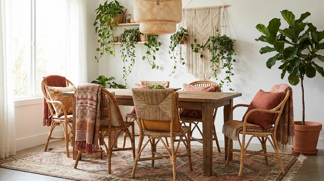Boho Christmas styling with dried stems, rattan, wooden beads and warm terracotta tones
