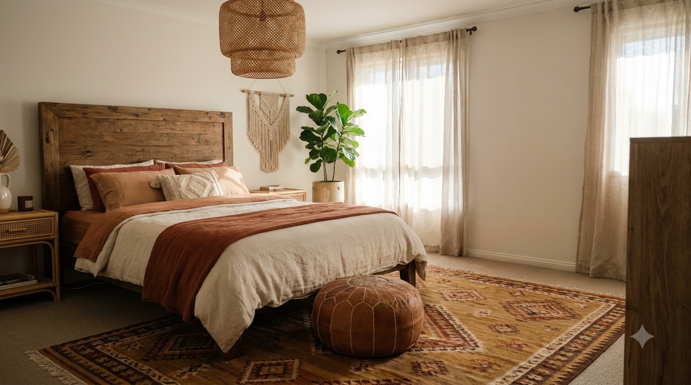 Warm-white string lights draped along a wooden headboard with a knit throw
