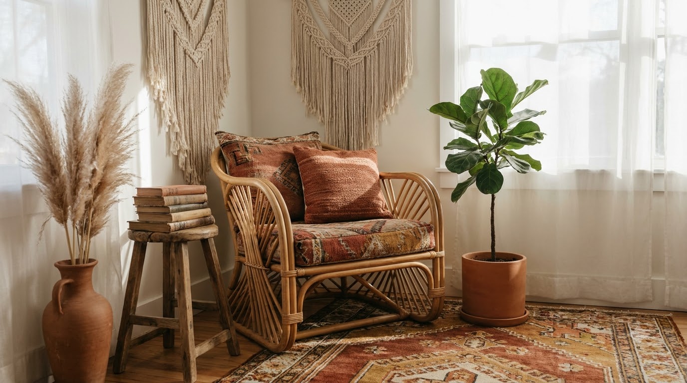 Faux eucalyptus garland draped over a round bedroom mirror with soft lighting