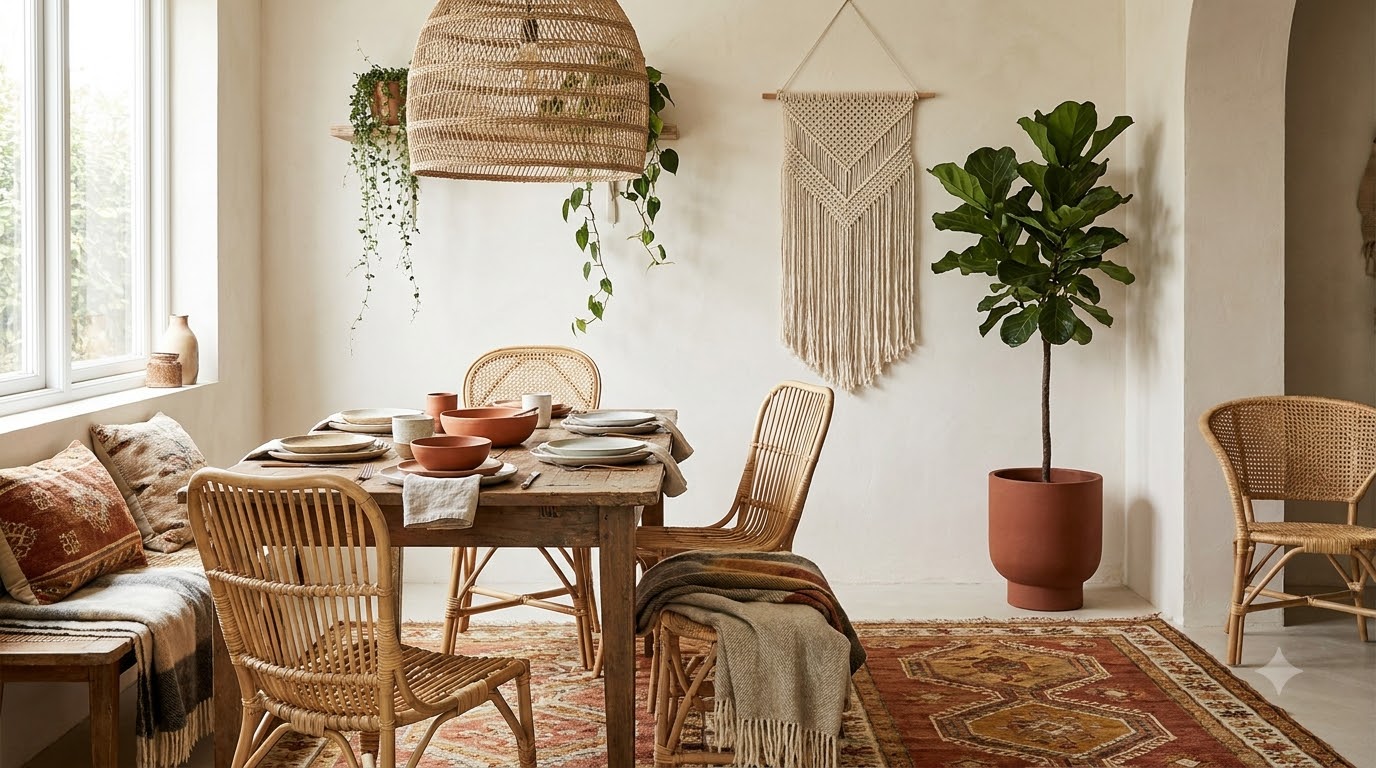 Modern entryway with a single eucalyptus wreath, warm-white lights, and a stoneware vase of dried branches