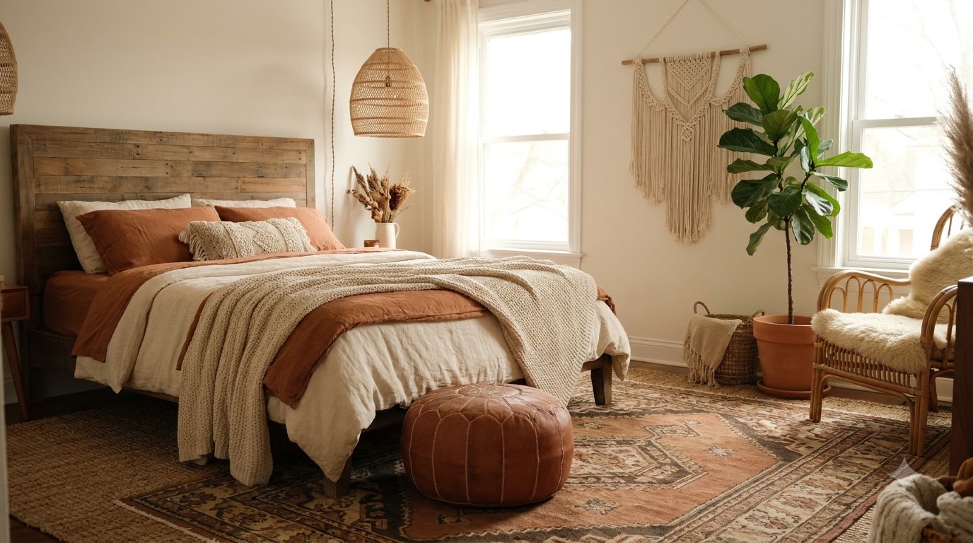 Neutral boho Christmas mantel with dried orange garland, pampas, and brass candlesticks — flat styling