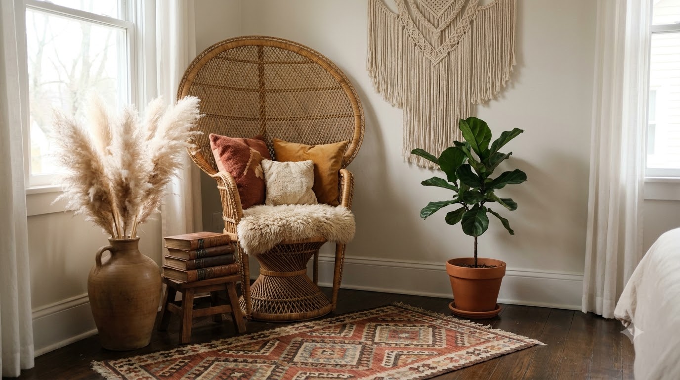 Chunky cream knit throw and plaid pillows layered on a sofa beside a lit candle