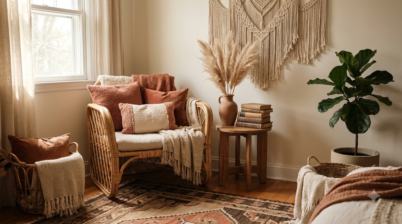 Cozy bedroom with a large soft rug extending well past both sides of the bed