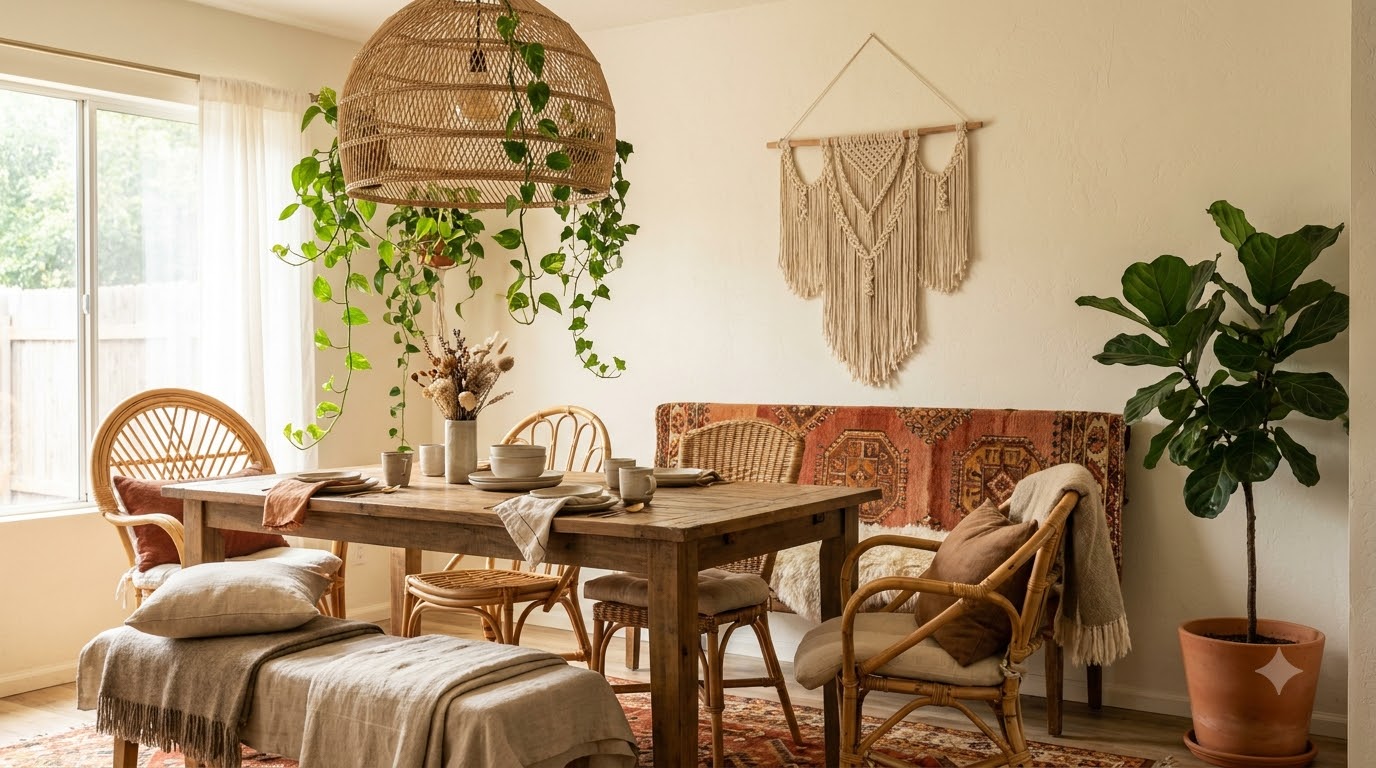 Cozy bedroom corner with a large trailing plant, warm lamp, and layered textures