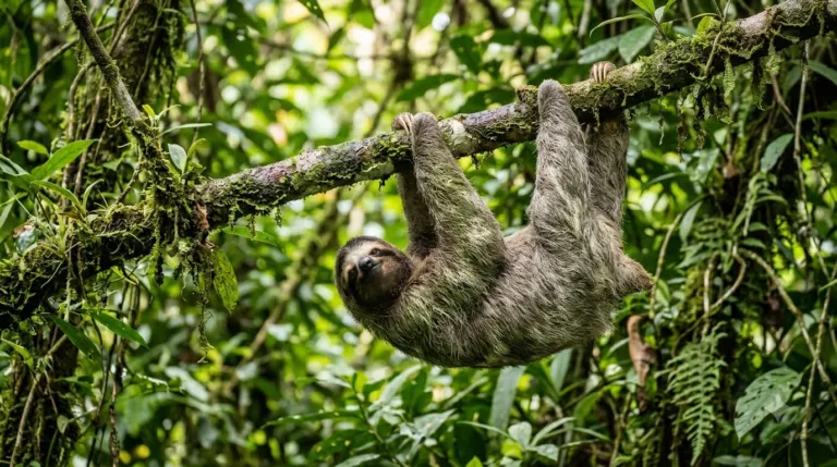 A three-toed sloth hanging from a branch in the Costa Rican rainforest