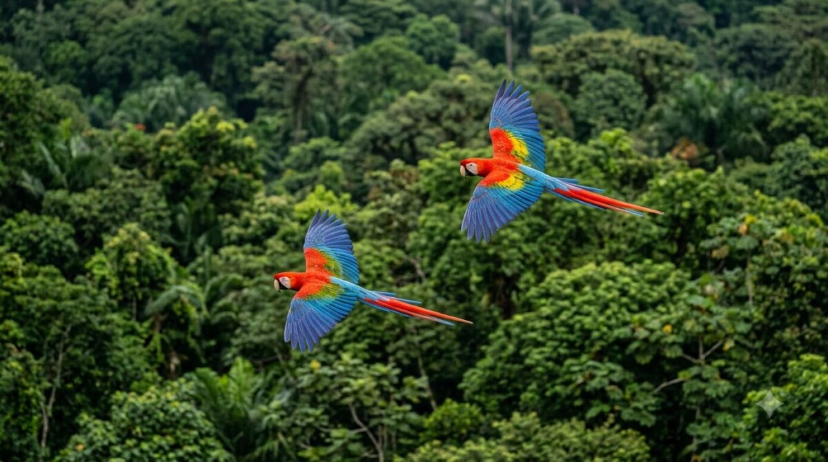 A pair of scarlet macaws in flight over rainforest in Costa Rica