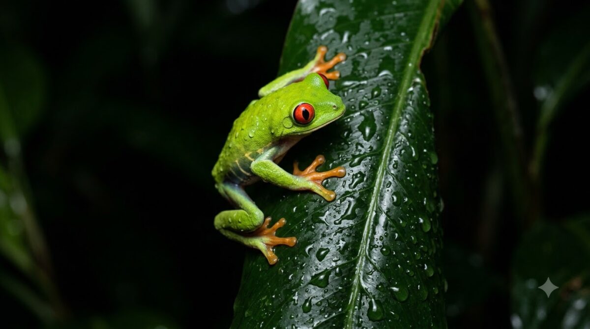 A red-eyed tree frog on a wet leaf at night in Costa Rica