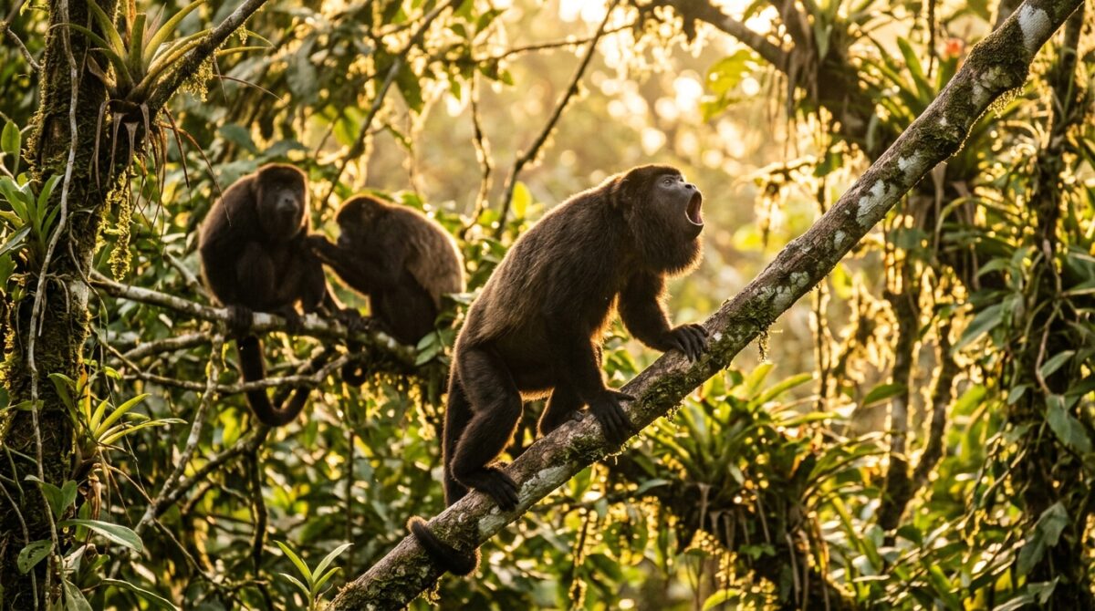 A howler monkey calling from a branch in the Costa Rican canopy