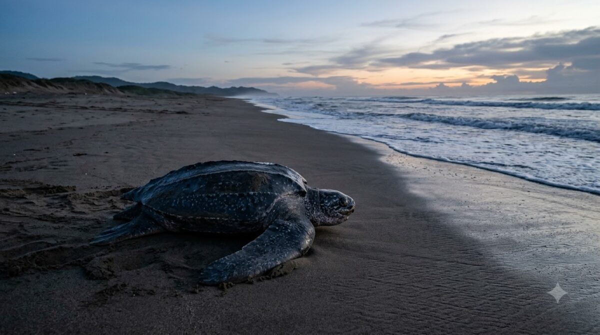 A sea turtle on the sand at dawn on a Costa Rican nesting beach