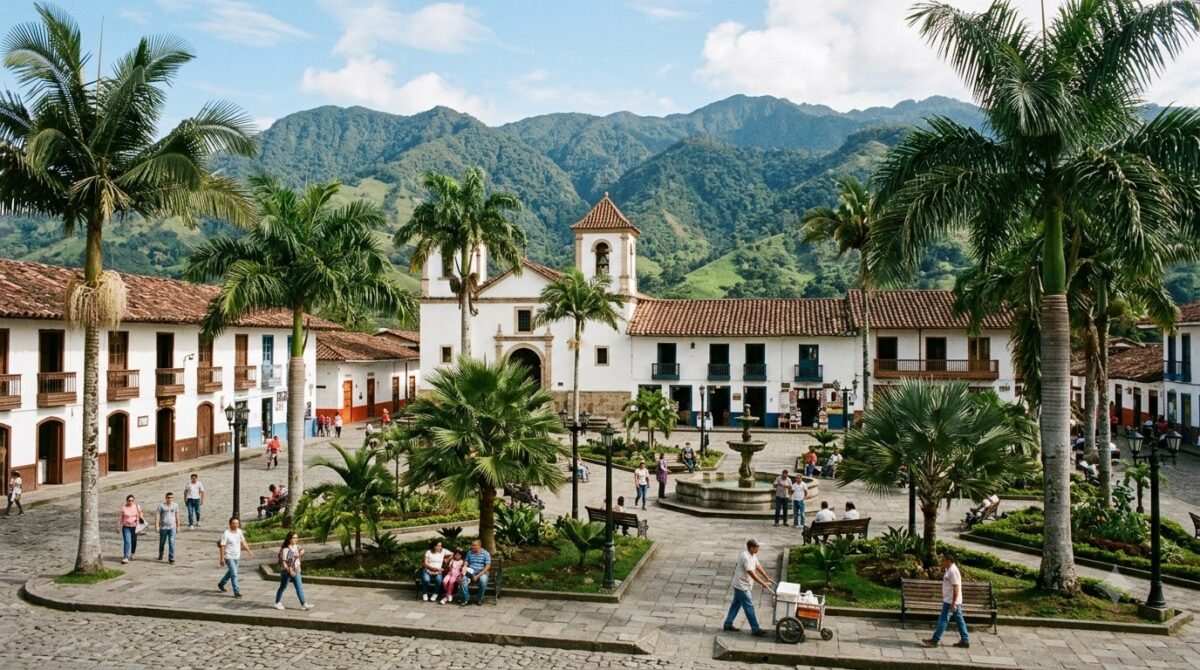 A plaza with palm trees in San Jose, Costa Rica with green mountains beyond