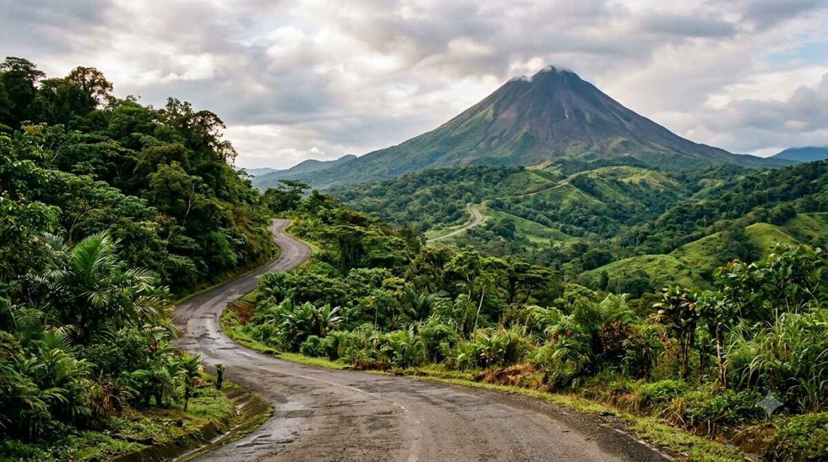 A road winding through green hills towards a volcano in Costa Rica