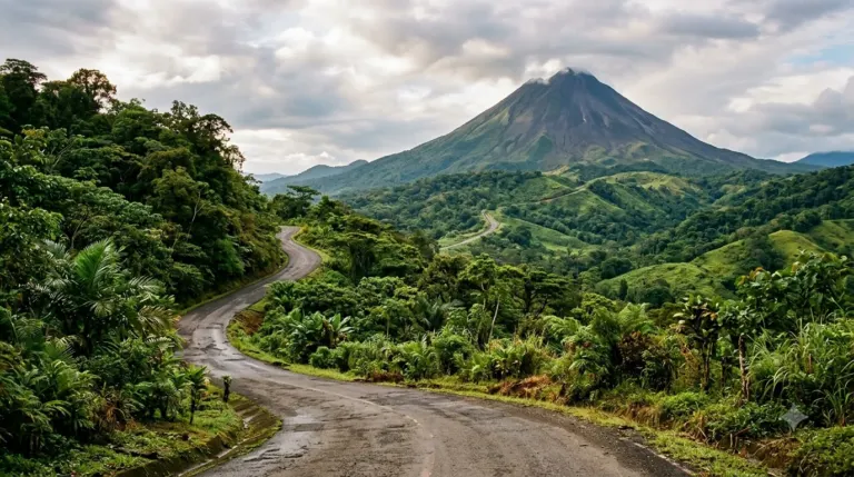 A road winding through green hills towards a volcano in Costa Rica