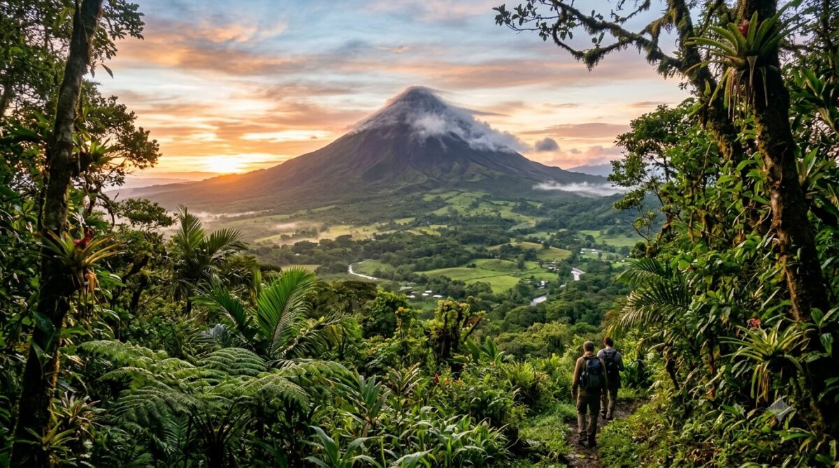 Arenal Volcano at sunrise seen across a green valley in Costa Rica