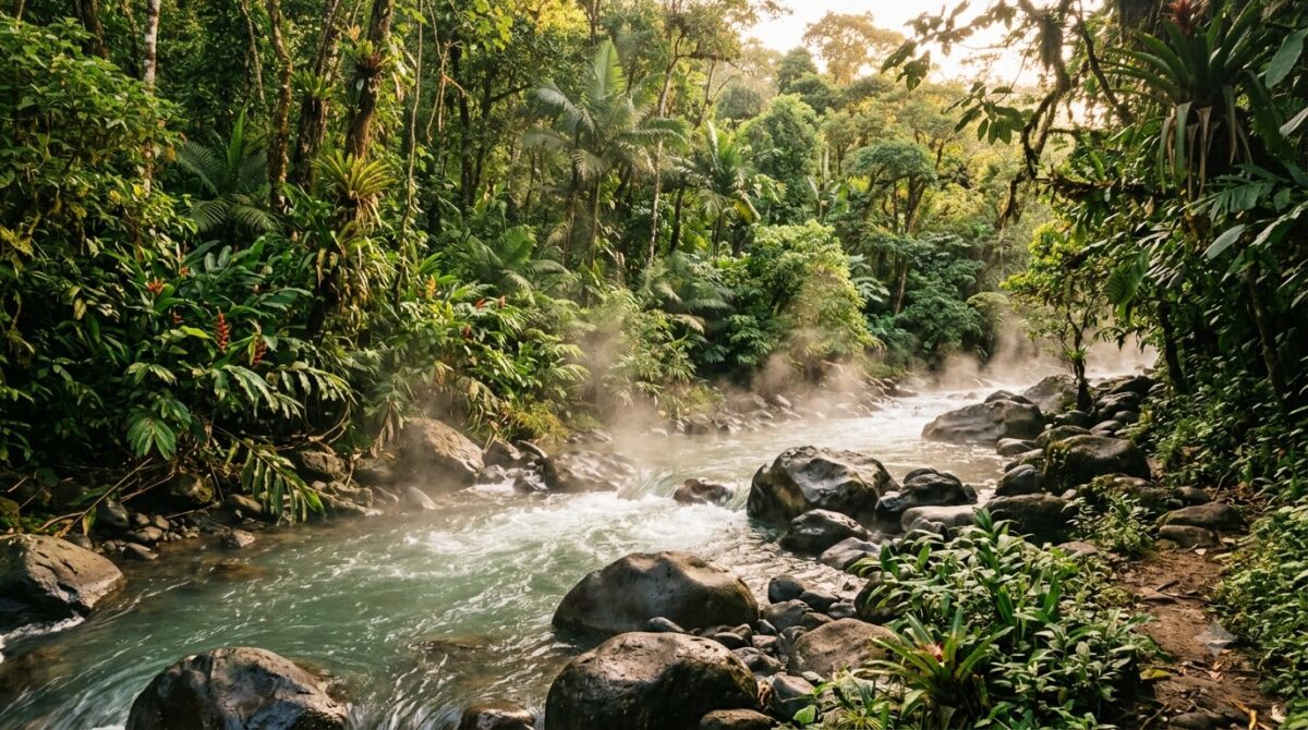 A natural thermal river running through jungle in La Fortuna, Costa Rica