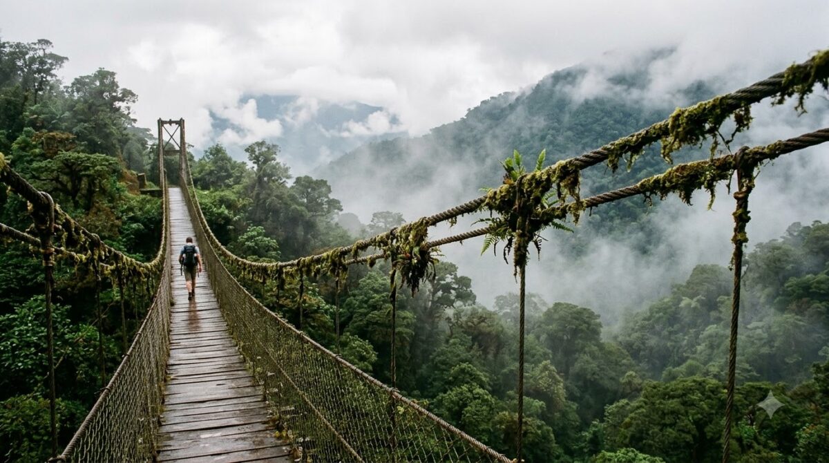 A suspension bridge above the cloud forest canopy in Monteverde, Costa Rica