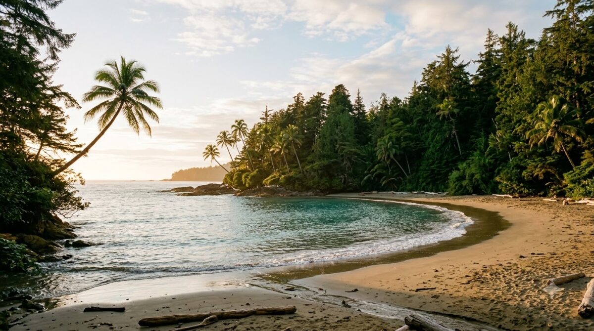 A Pacific beach with rainforest growing down to the sand in Costa Rica