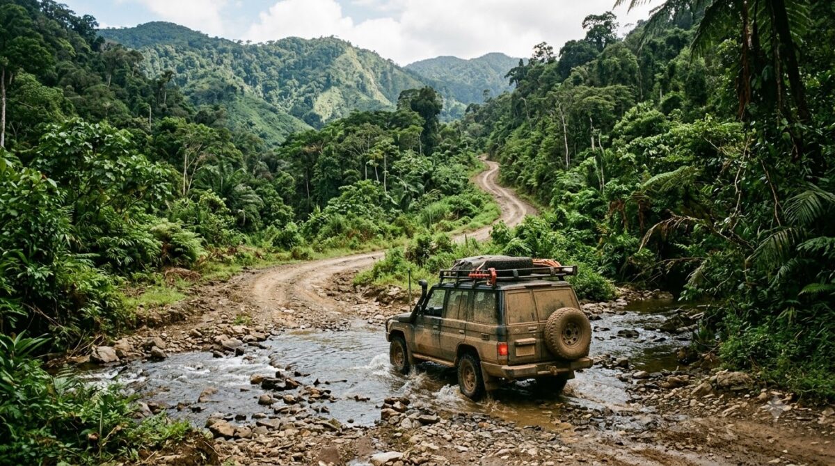 A four wheel drive crossing a shallow stream on a dirt road in Costa Rica