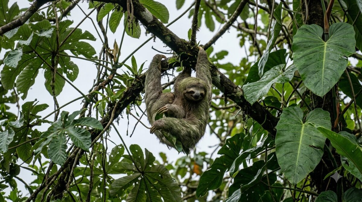 A three toed sloth hanging in a tree in the Costa Rican rainforest
