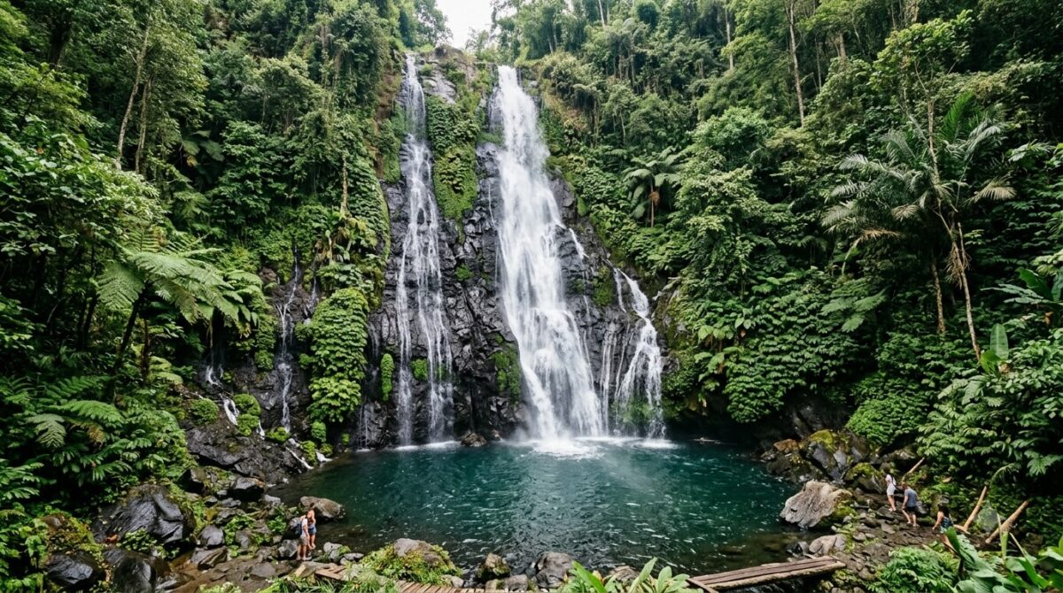A jungle waterfall falling into a blue green pool in Costa Rica