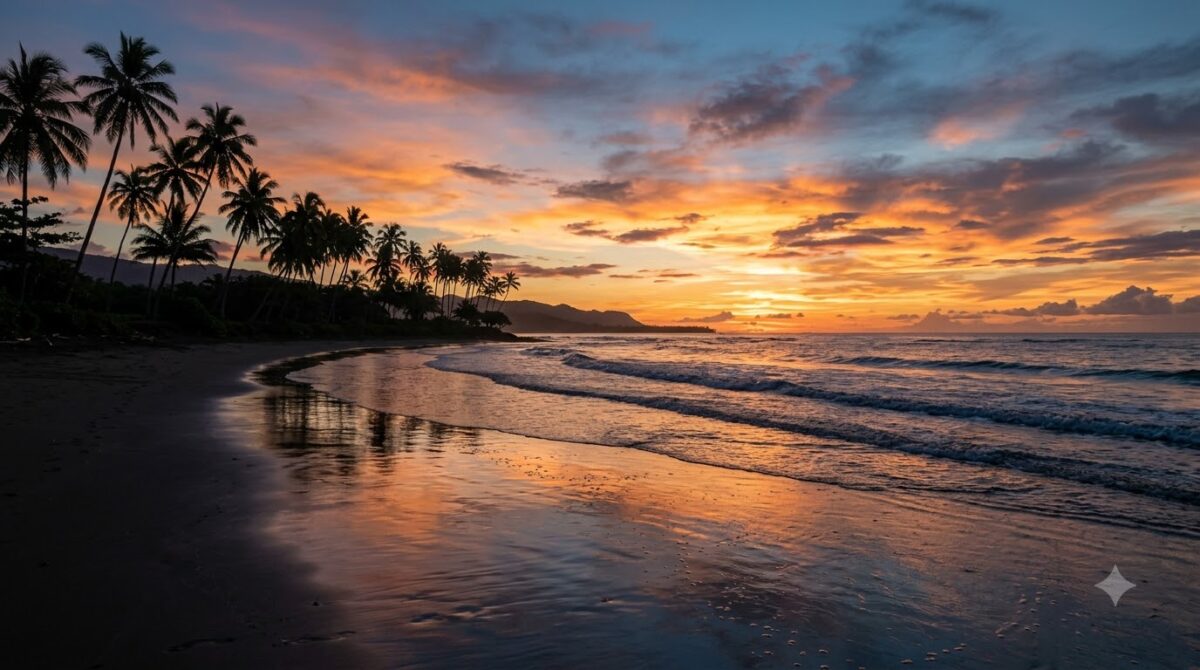 An empty Pacific beach at sunset with palm trees in Costa Rica