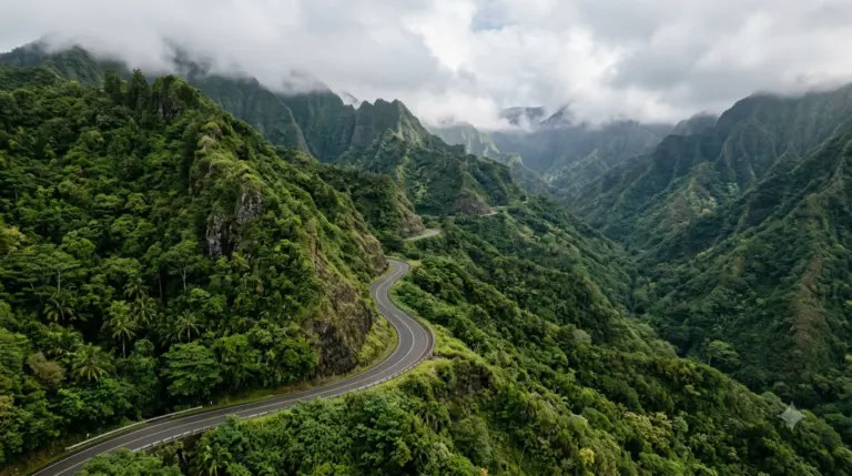 A paved mountain road curving through green hills in Costa Rica