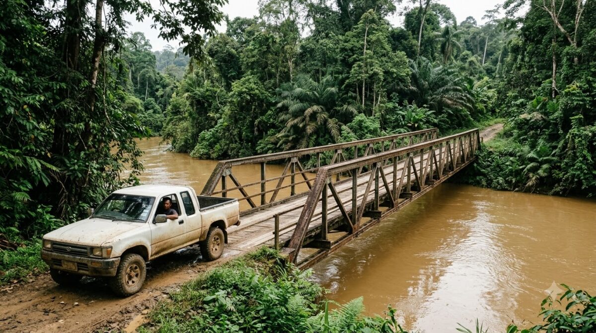 A single lane bridge over a river in Costa Rica with a vehicle giving way