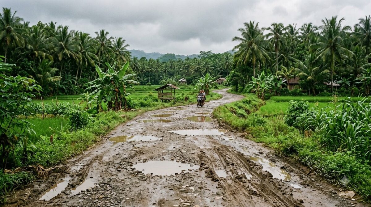An unpaved road with potholes and puddles in rural Costa Rica