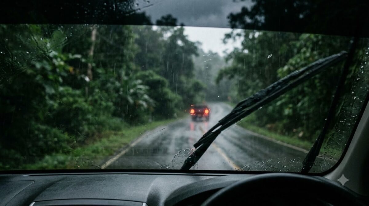 View through a car windscreen during heavy tropical rain in Costa Rica