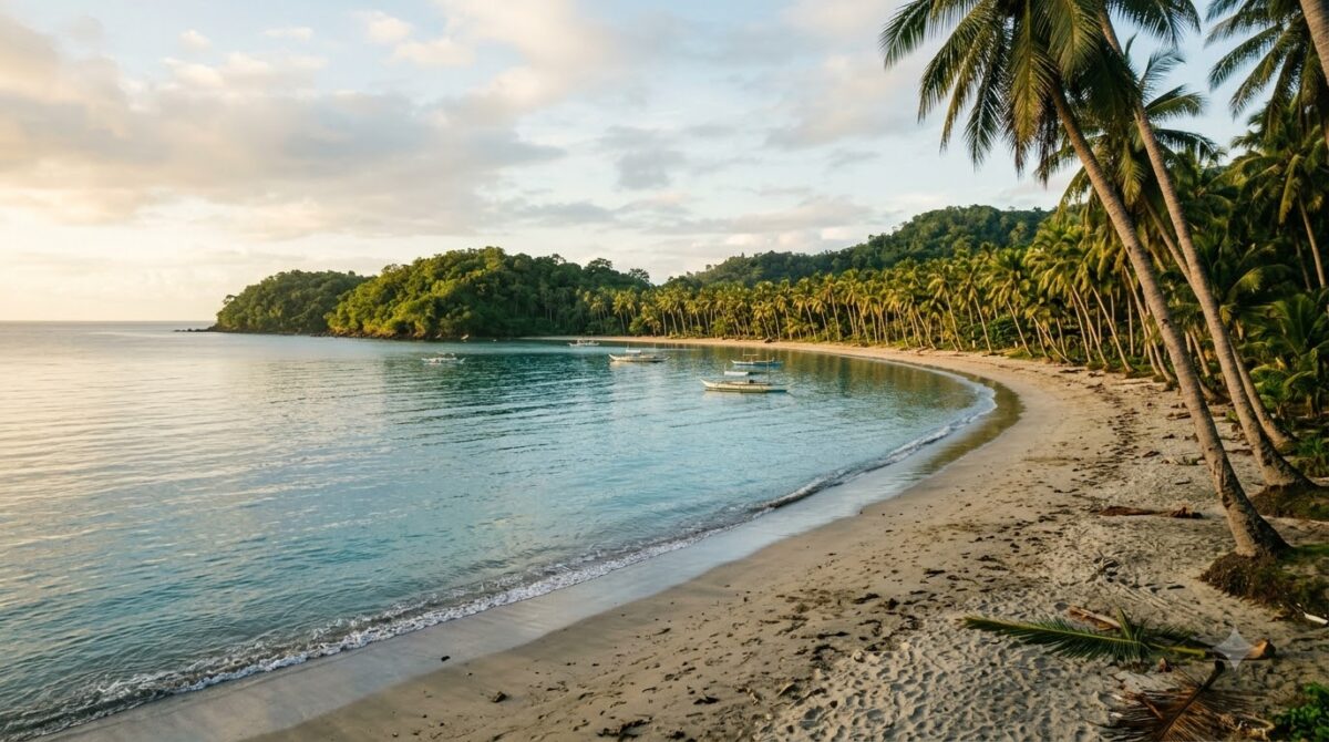 The crescent shaped bay at Samara Beach in Costa Rica with palm trees