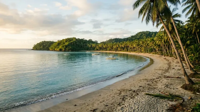 The crescent shaped bay at Samara Beach in Costa Rica with palm trees