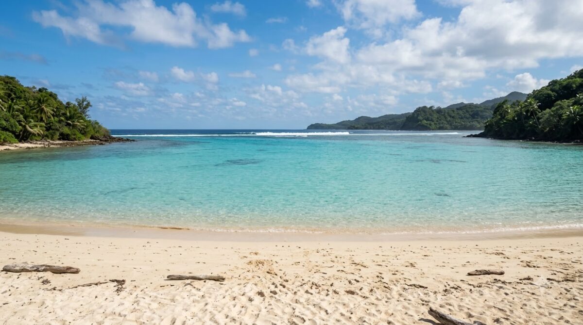 Calm shallow water at Samara with surf breaking on the offshore reef
