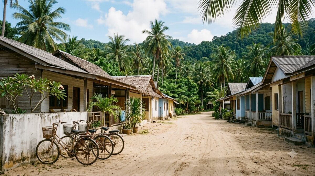 A quiet sandy street in the small beach town of Samara, Costa Rica