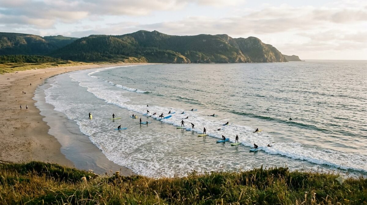 Beginner surfers on small waves in the shallows at Samara, Costa Rica