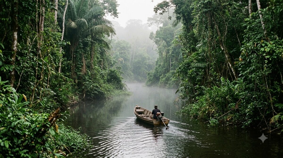 A small boat on a jungle canal at Tortuguero, Costa Rica in morning mist