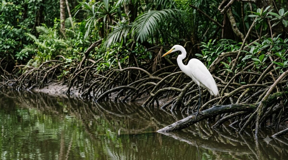 A heron on a branch beside a waterway in Tortuguero, Costa Rica