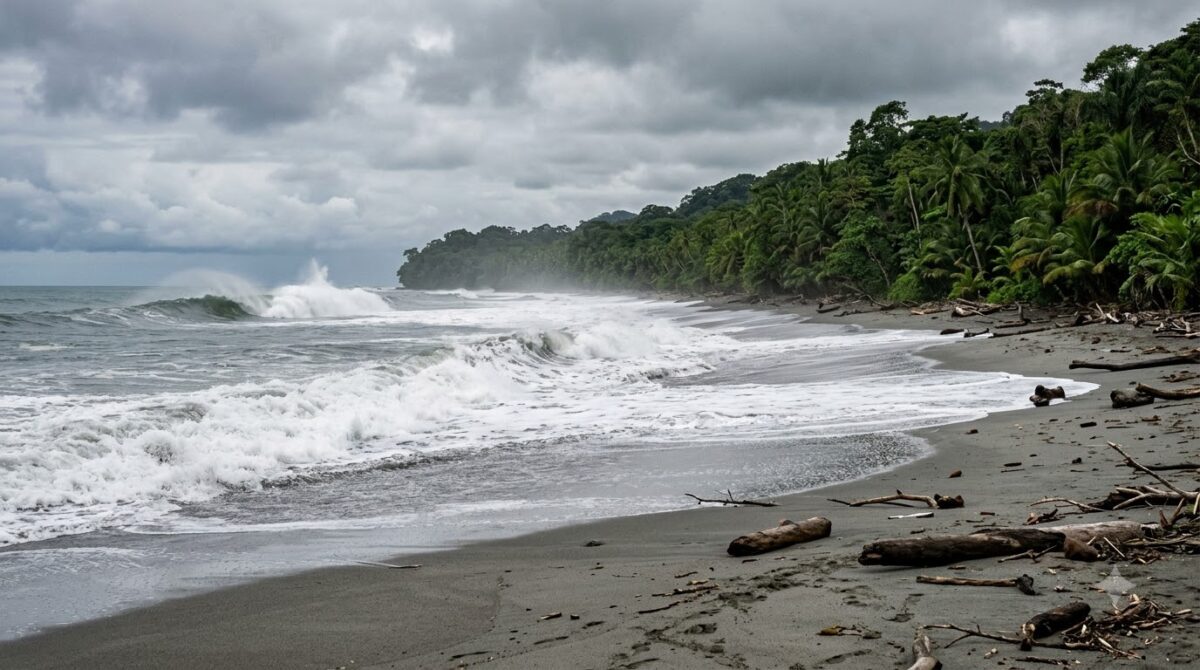 The long grey sand surf beach at Dominical, Costa Rica with jungle behind