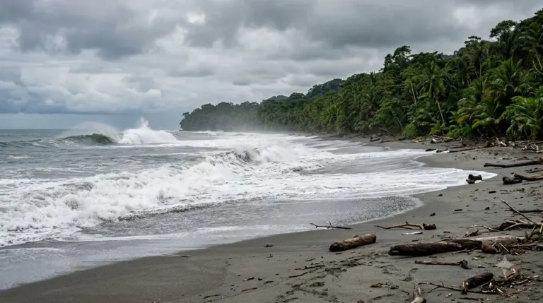 The long grey sand surf beach at Dominical, Costa Rica with jungle behind