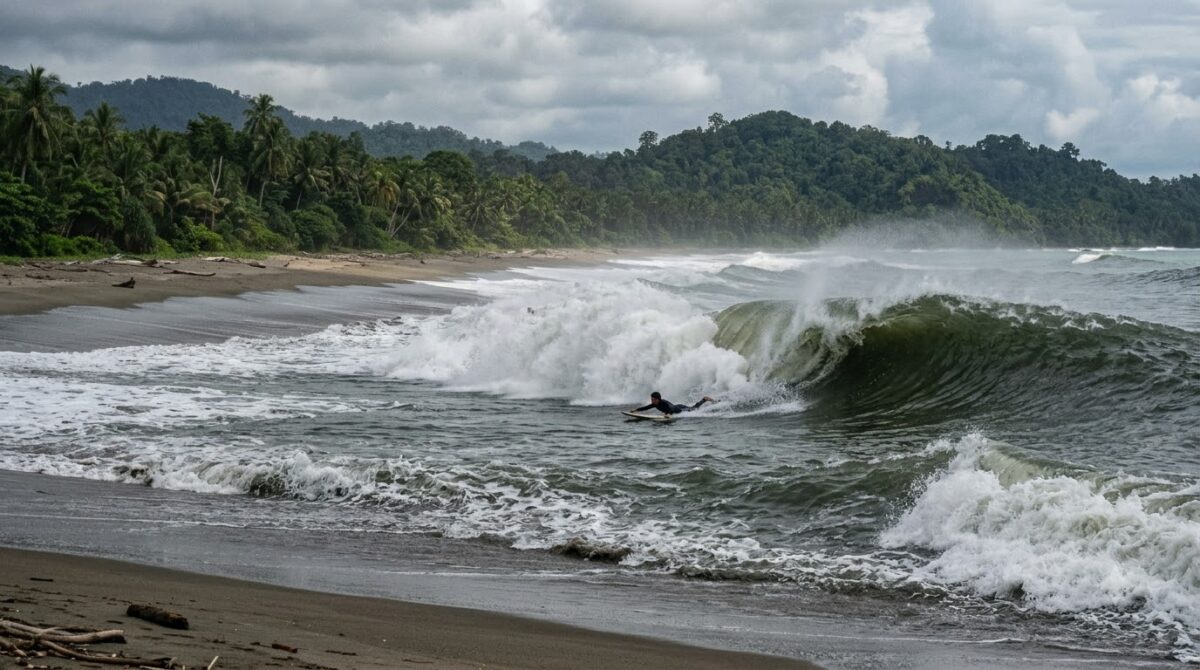 A surfer paddling out through a wave at Dominical, Costa Rica