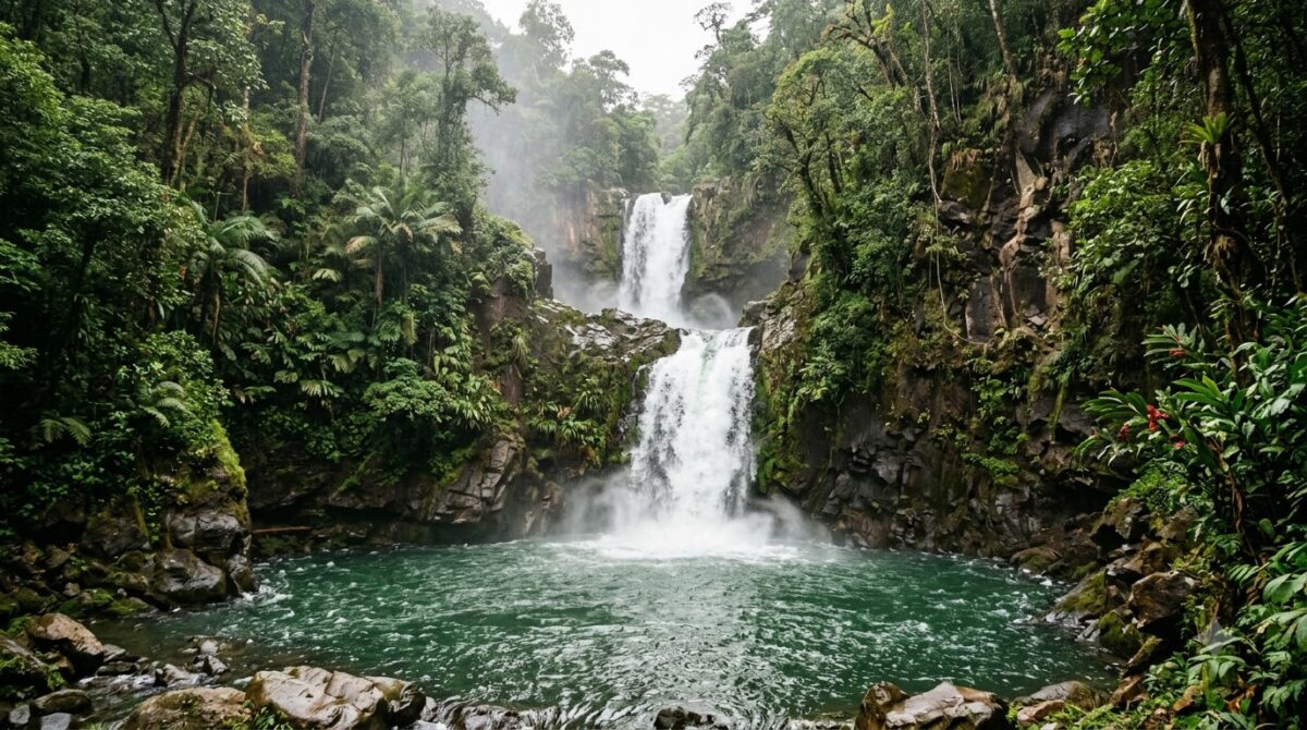 A two tiered jungle waterfall inland from Dominical, Costa Rica
