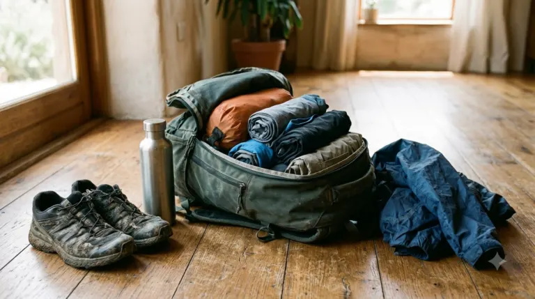 A backpack packed for Costa Rica with quick dry clothes, rain jacket and dry bag