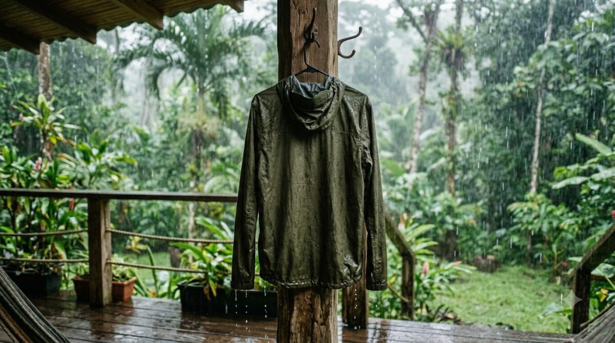 A lightweight rain jacket hanging on a porch in tropical rain in Costa Rica