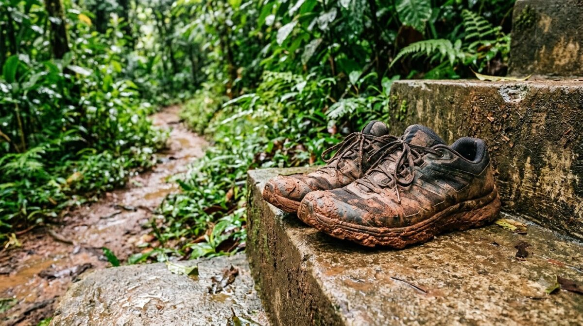 Muddy trail shoes on a step beside a jungle path in Costa Rica